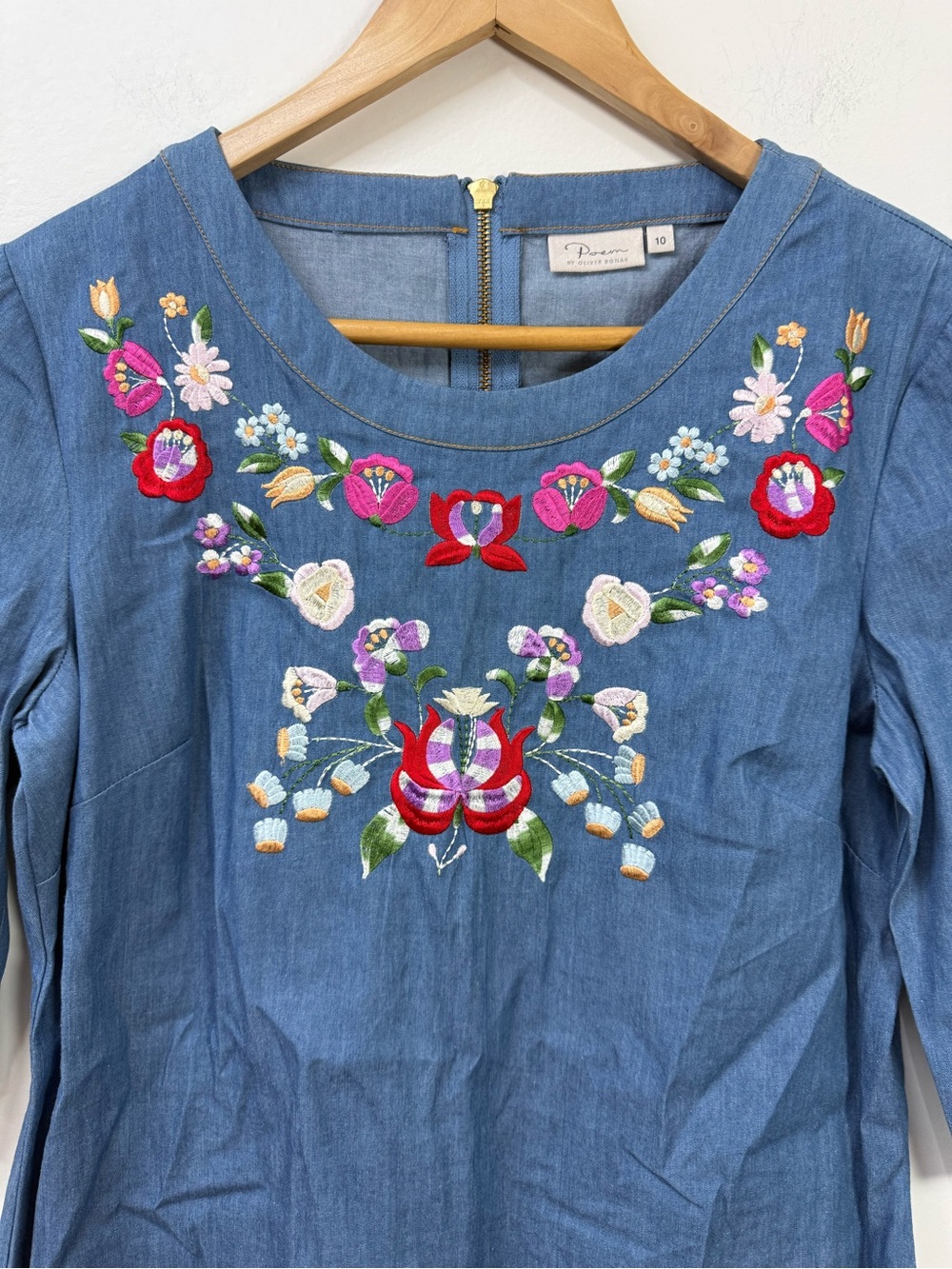 Poem by Oliver Bonas floral embroidered chambray denim shift dress size 10 - Picture 4 of 12
